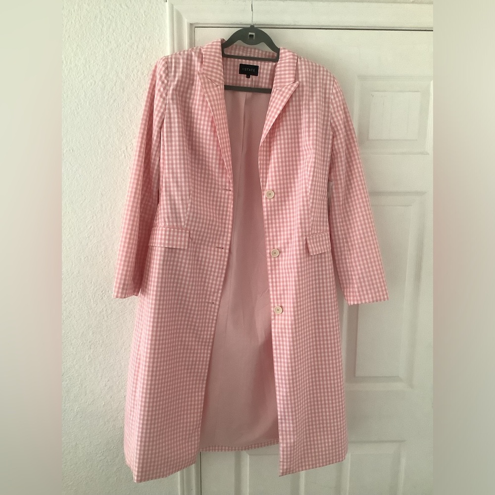 🆕 1.state Chic Pink and whit Gingham light Duster Coat. - Picture 5 of 10
